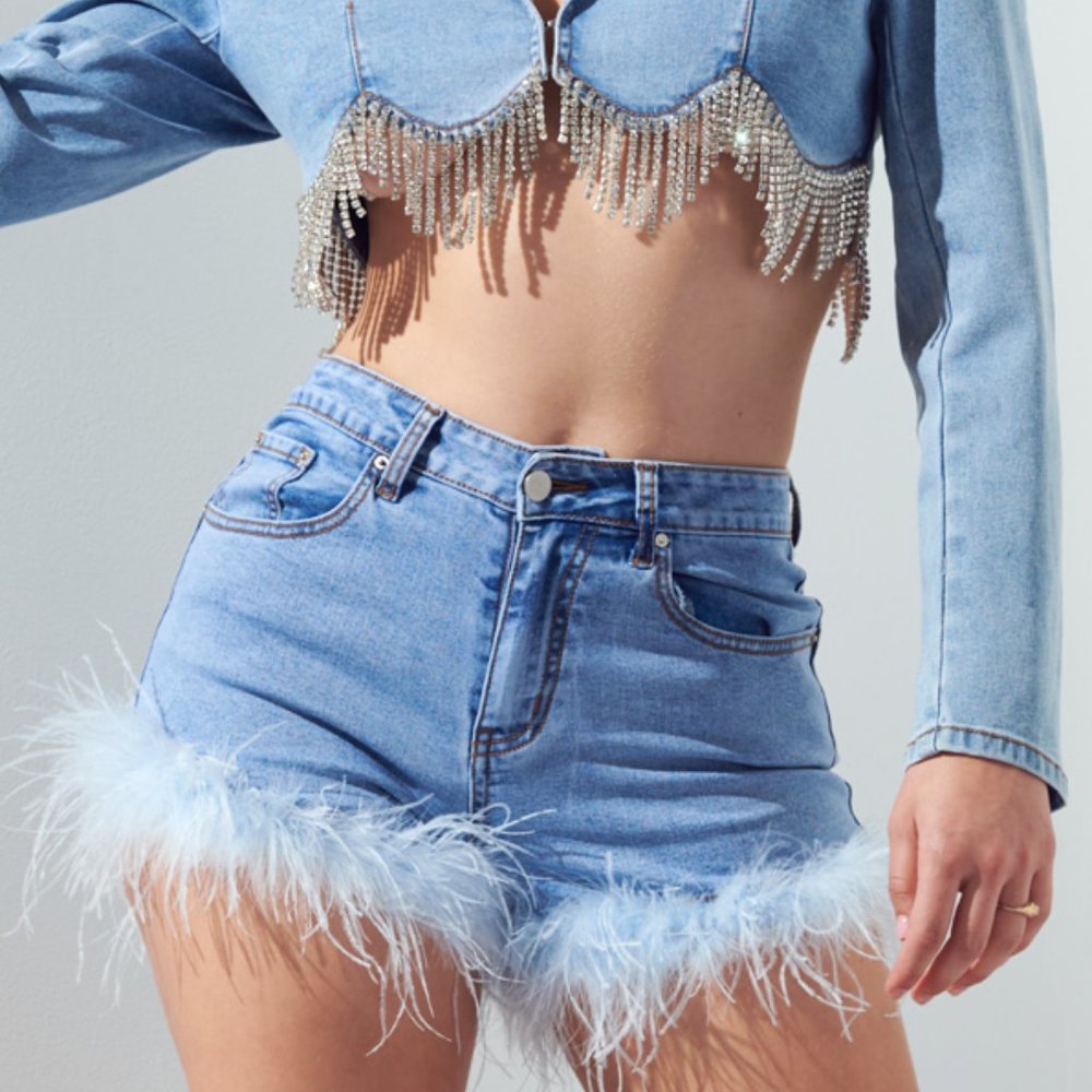 Ostrich Feather Denim Shorts